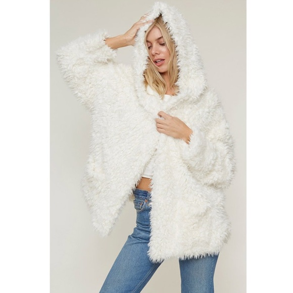 Ivory Faux Fur Sherpa Hoodie Jacket Cardigan Coat - Picture 4 of 7